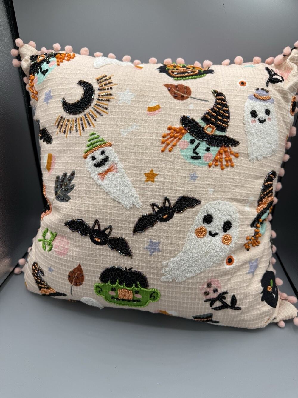 Halloween Beaded Embroidered Throw Pillow Ghost Witch Bat Pumpkin 14” Pom Pom